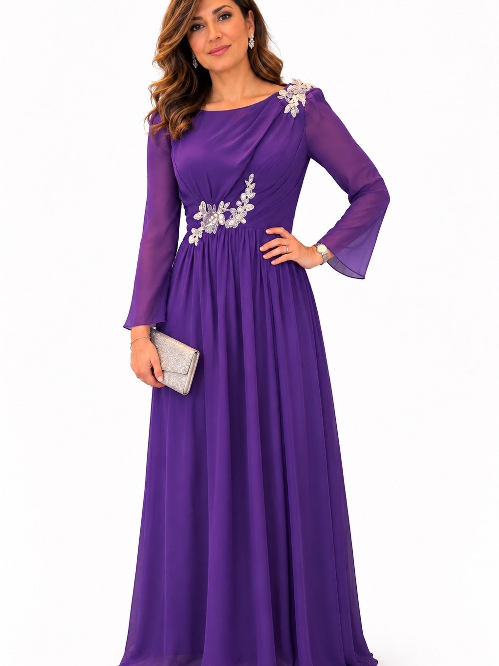 Elegant Purple Evening Gown with Embellished Waist
